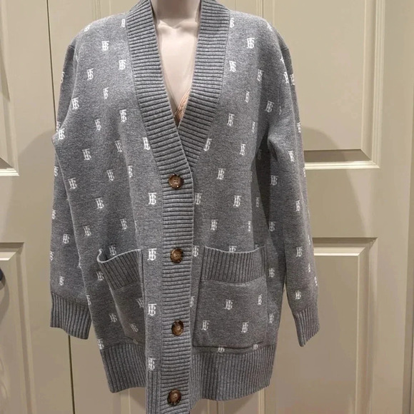 Burberry Monogram Oversized Cardigan Womens Grey Logo Wool Cashmere Blend - Picture 4 of 8